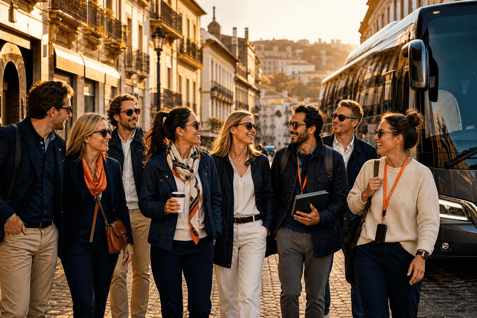 The Time Travel team beside a touring coach in a European city
